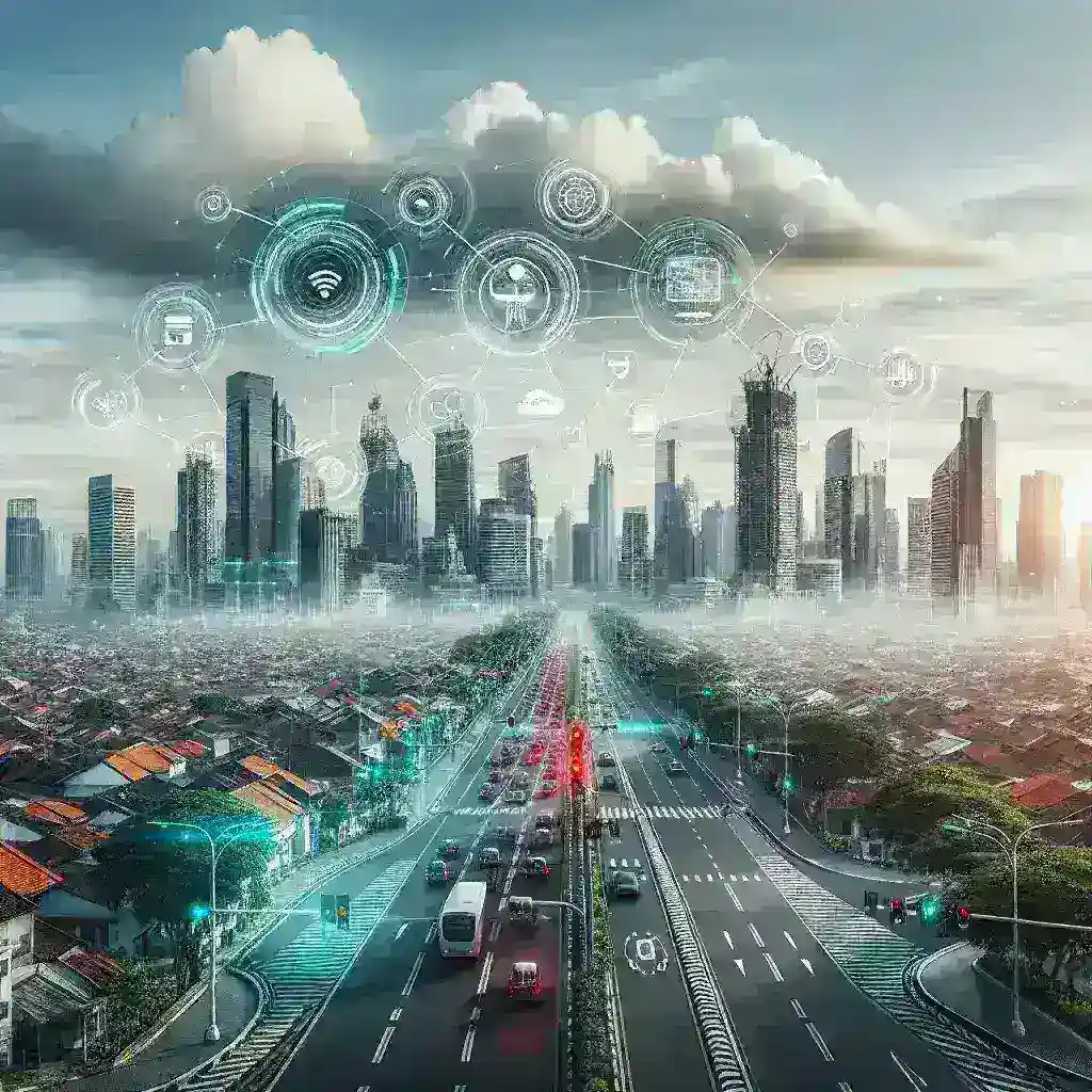 "Visualisasi sistem pemantauan intrusi di lampu lalu lintas Jakarta Smart City, menunjukkan teknologi inovatif untuk meningkatkan keamanan dan efisiensi lalu lintas."