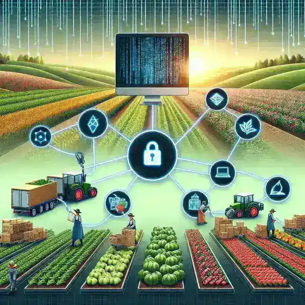 "Infographic depicting the implementation of blockchain technology to enhance transparency in agricultural supply chains, showcasing data flow and trust in product origins."